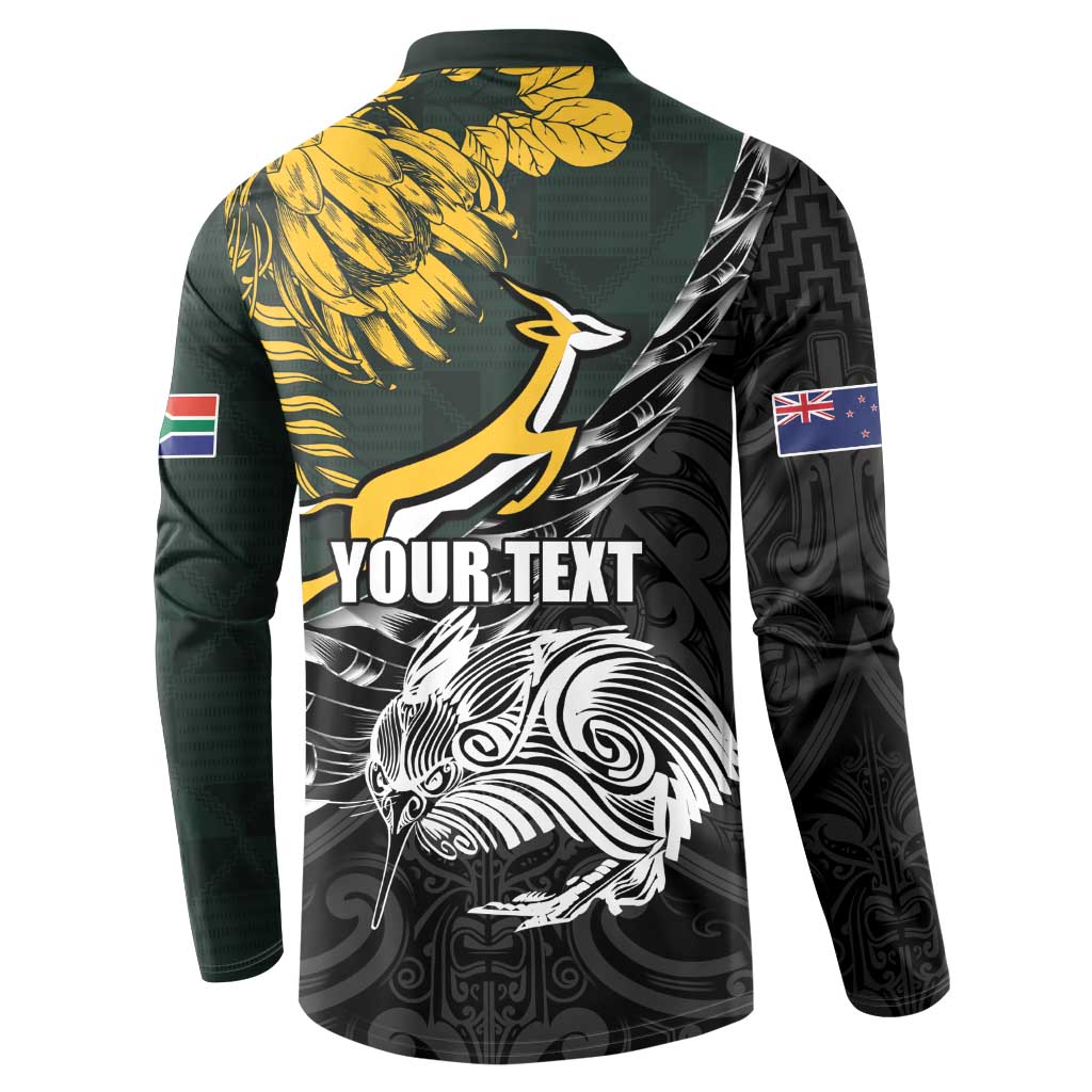 New Zealand and South Africa Rugby Personalised Button Sweatshirt Maori Kiwi With Springboks
