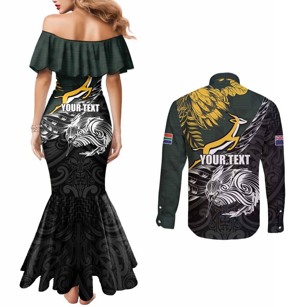 New Zealand and South Africa Rugby Personalised Couples Matching Mermaid Dress and Long Sleeve Button Shirt Maori Kiwi With Springboks