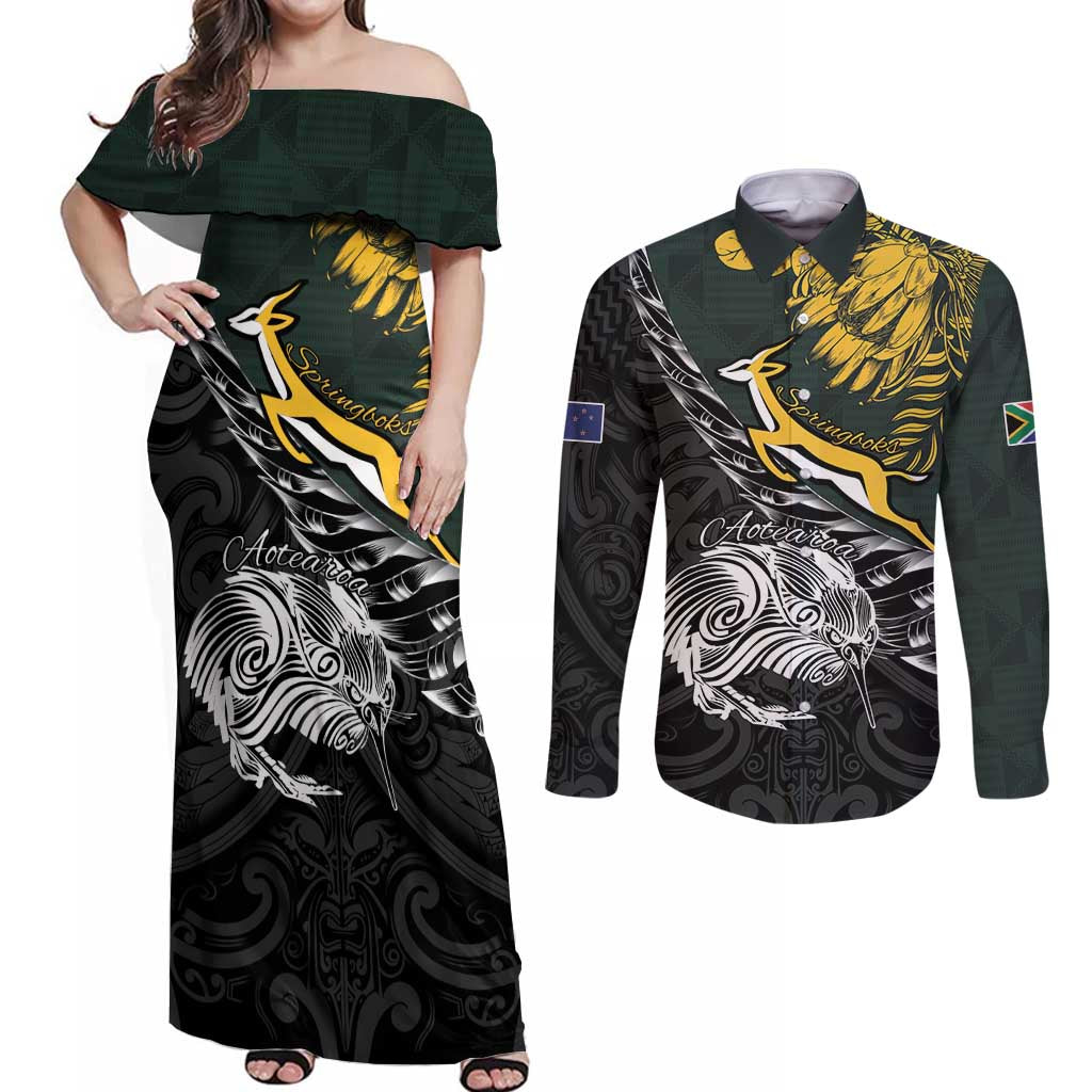 New Zealand and South Africa Rugby Personalised Couples Matching Off Shoulder Maxi Dress and Long Sleeve Button Shirt Maori Kiwi With Springboks