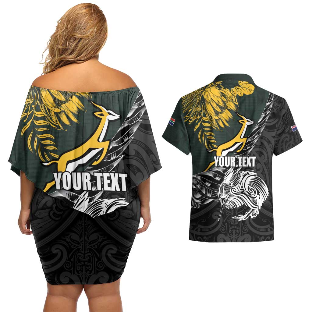 New Zealand and South Africa Rugby Personalised Couples Matching Off Shoulder Short Dress and Hawaiian Shirt Maori Kiwi With Springboks