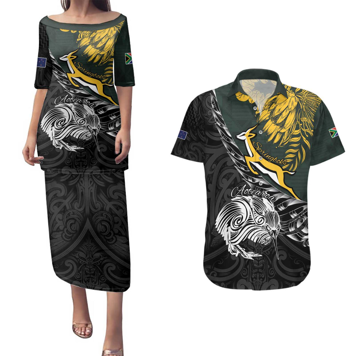 New Zealand and South Africa Rugby Personalised Couples Matching Puletasi and Hawaiian Shirt Maori Kiwi With Springboks