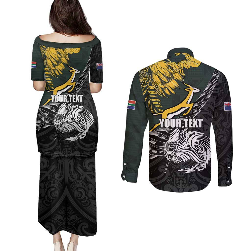 New Zealand and South Africa Rugby Personalised Couples Matching Puletasi and Long Sleeve Button Shirt Maori Kiwi With Springboks