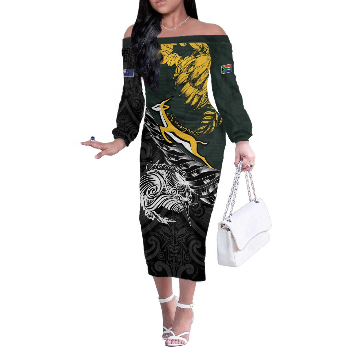 New Zealand and South Africa Rugby Personalised Family Matching Off The Shoulder Long Sleeve Dress and Hawaiian Shirt Maori Kiwi With Springboks