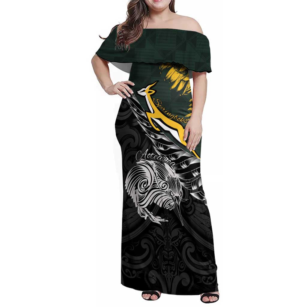 New Zealand and South Africa Rugby Personalised Family Matching Off Shoulder Maxi Dress and Hawaiian Shirt Maori Kiwi With Springboks