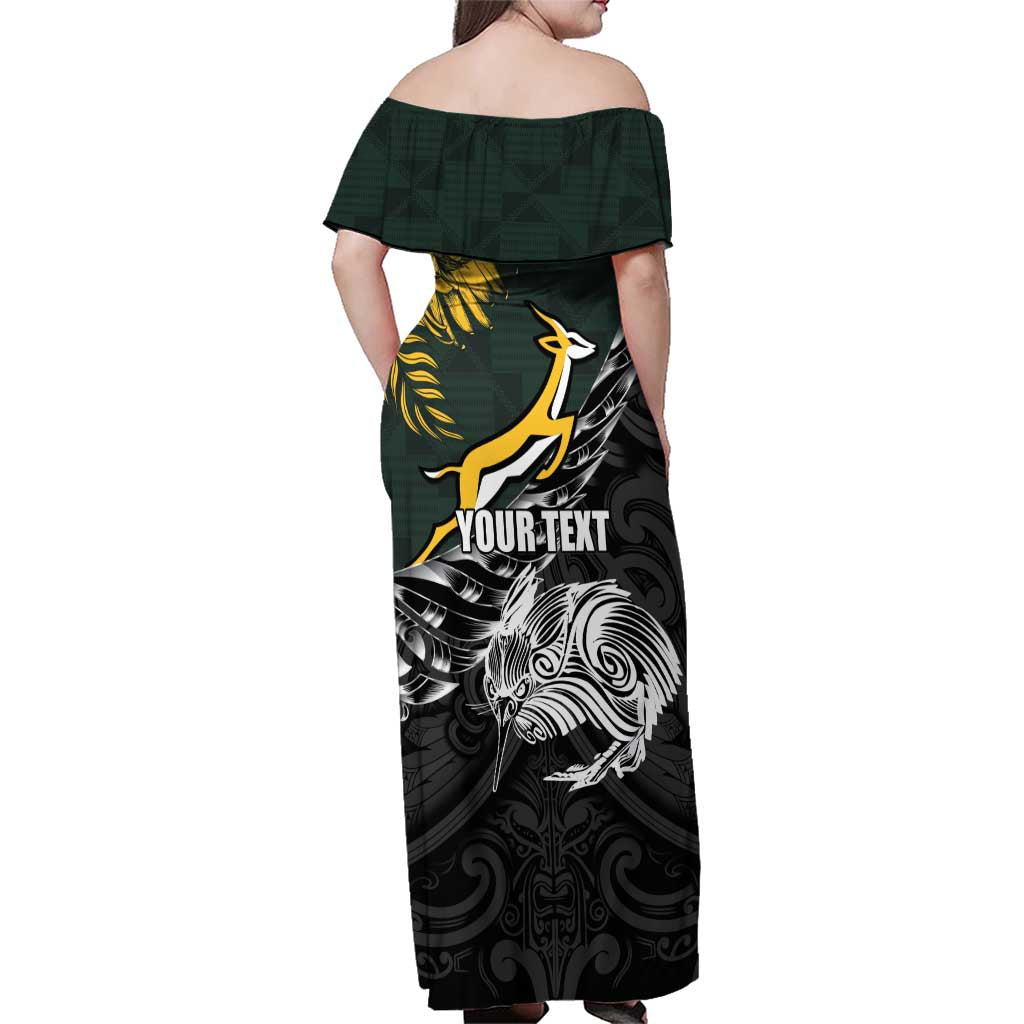 New Zealand and South Africa Rugby Personalised Family Matching Off Shoulder Maxi Dress and Hawaiian Shirt Maori Kiwi With Springboks