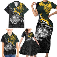 New Zealand and South Africa Rugby Personalised Family Matching Short Sleeve Bodycon Dress and Hawaiian Shirt Maori Kiwi With Springboks