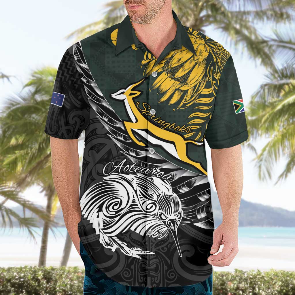 New Zealand and South Africa Rugby Personalised Hawaiian Shirt Maori Kiwi With Springboks