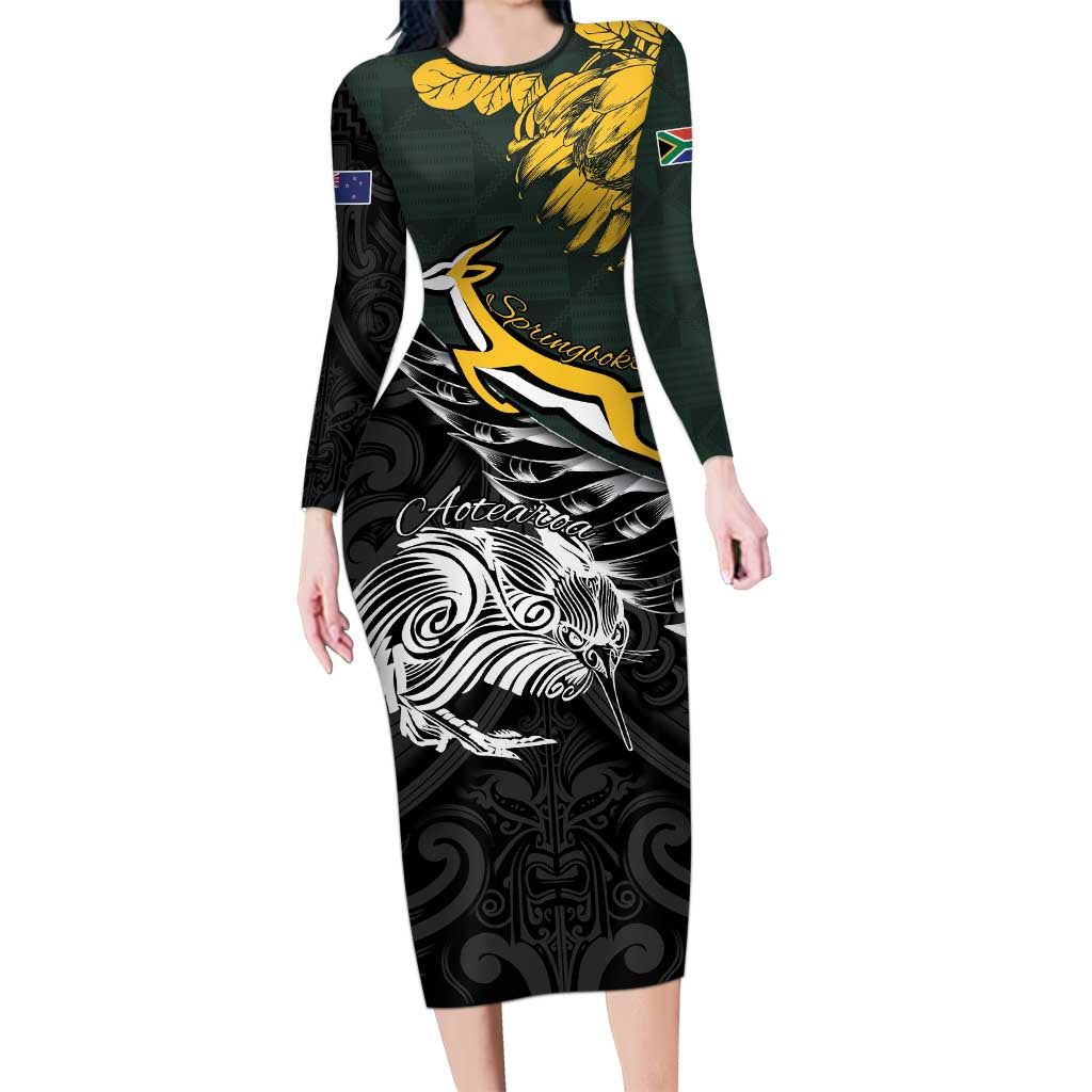 New Zealand and South Africa Rugby Personalised Long Sleeve Bodycon Dress Maori Kiwi With Springboks