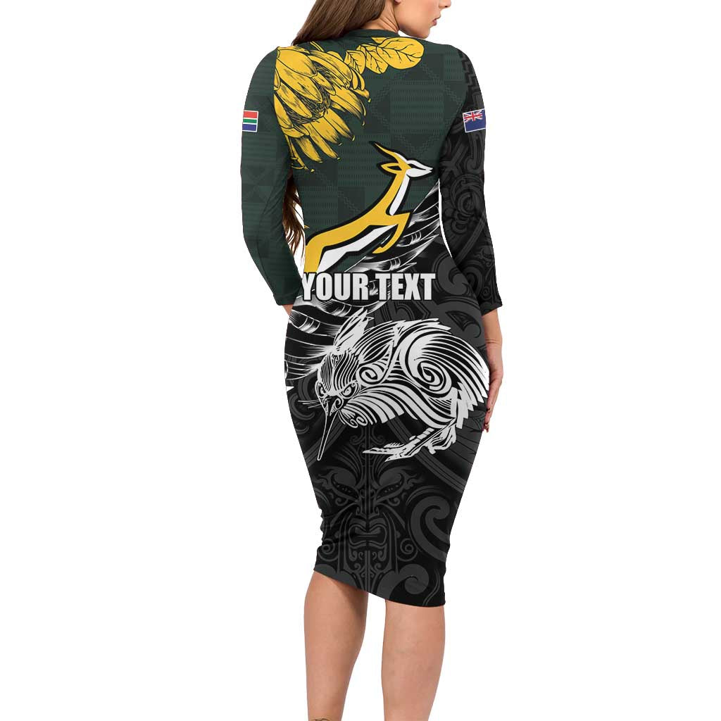 New Zealand and South Africa Rugby Personalised Long Sleeve Bodycon Dress Maori Kiwi With Springboks