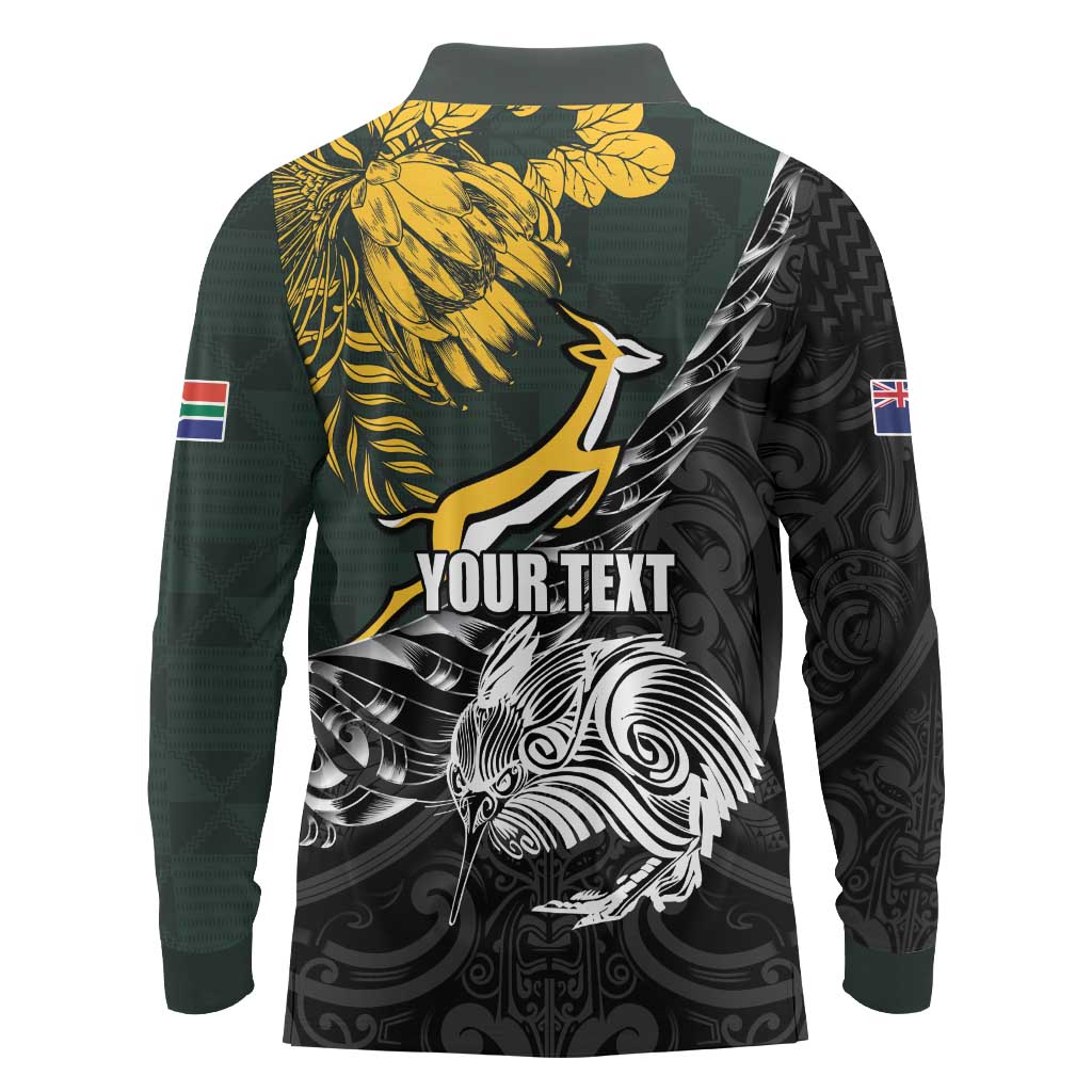 New Zealand and South Africa Rugby Personalised Long Sleeve Polo Shirt Maori Kiwi With Springboks