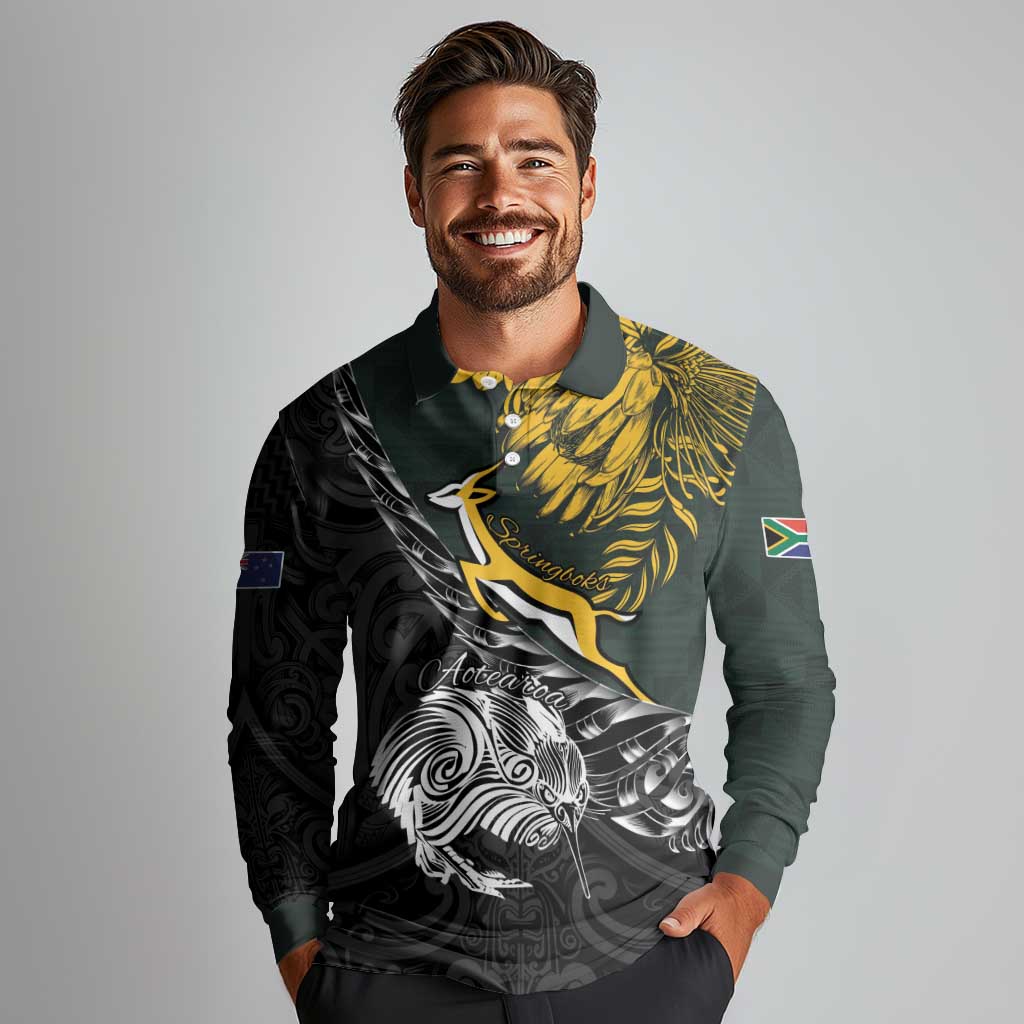 New Zealand and South Africa Rugby Personalised Long Sleeve Polo Shirt Maori Kiwi With Springboks