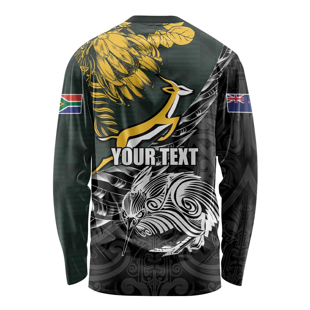 New Zealand and South Africa Rugby Personalised Long Sleeve Shirt Maori Kiwi With Springboks