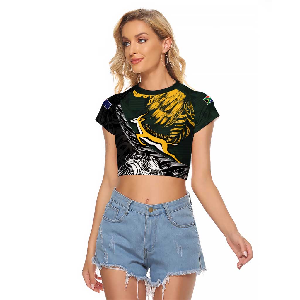 New Zealand and South Africa Rugby Personalised Raglan Cropped T Shirt Maori Kiwi With Springboks LT15 Female Black - Polynesian Pride
