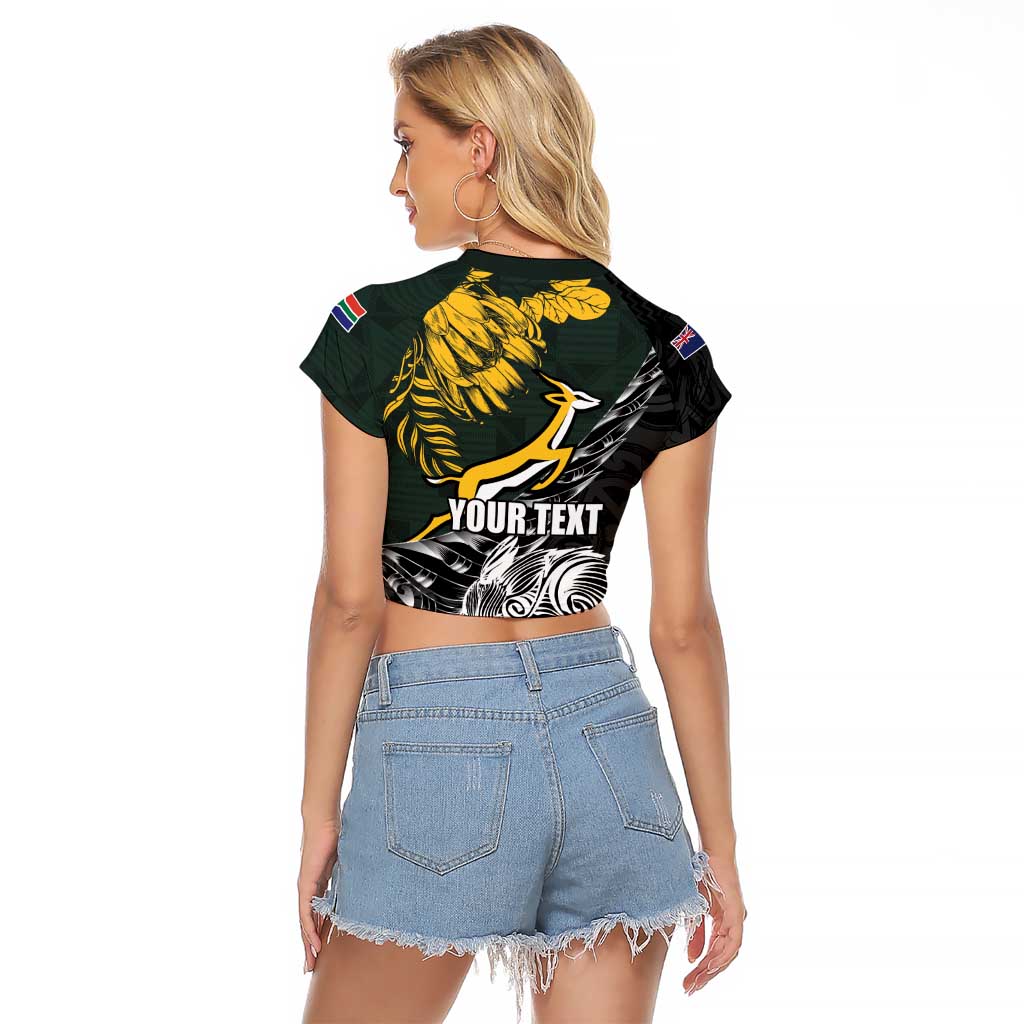 New Zealand and South Africa Rugby Personalised Raglan Cropped T Shirt Maori Kiwi With Springboks LT15 - Polynesian Pride
