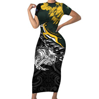 New Zealand and South Africa Rugby Personalised Short Sleeve Bodycon Dress Maori Kiwi With Springboks