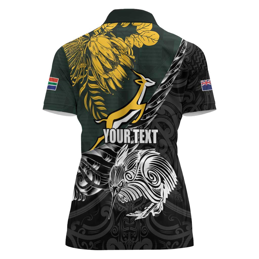 New Zealand and South Africa Rugby Personalised Women Polo Shirt Maori Kiwi With Springboks