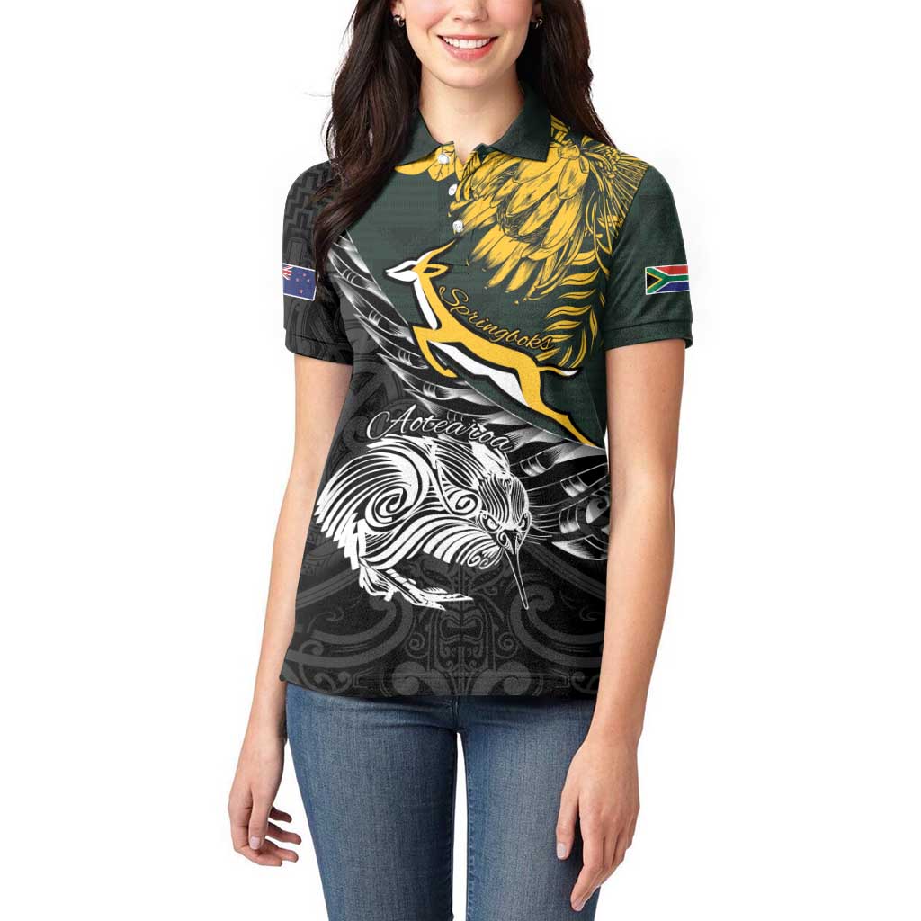 New Zealand and South Africa Rugby Personalised Women Polo Shirt Maori Kiwi With Springboks