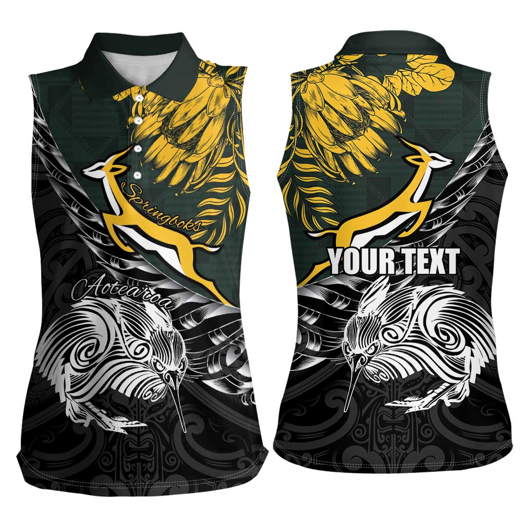 New Zealand and South Africa Rugby Personalised Women Sleeveless Polo Shirt Maori Kiwi With Springboks
