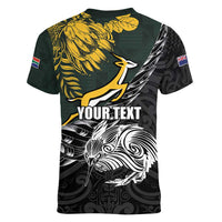 New Zealand and South Africa Rugby Personalised Women V-Neck T-Shirt Maori Kiwi With Springboks