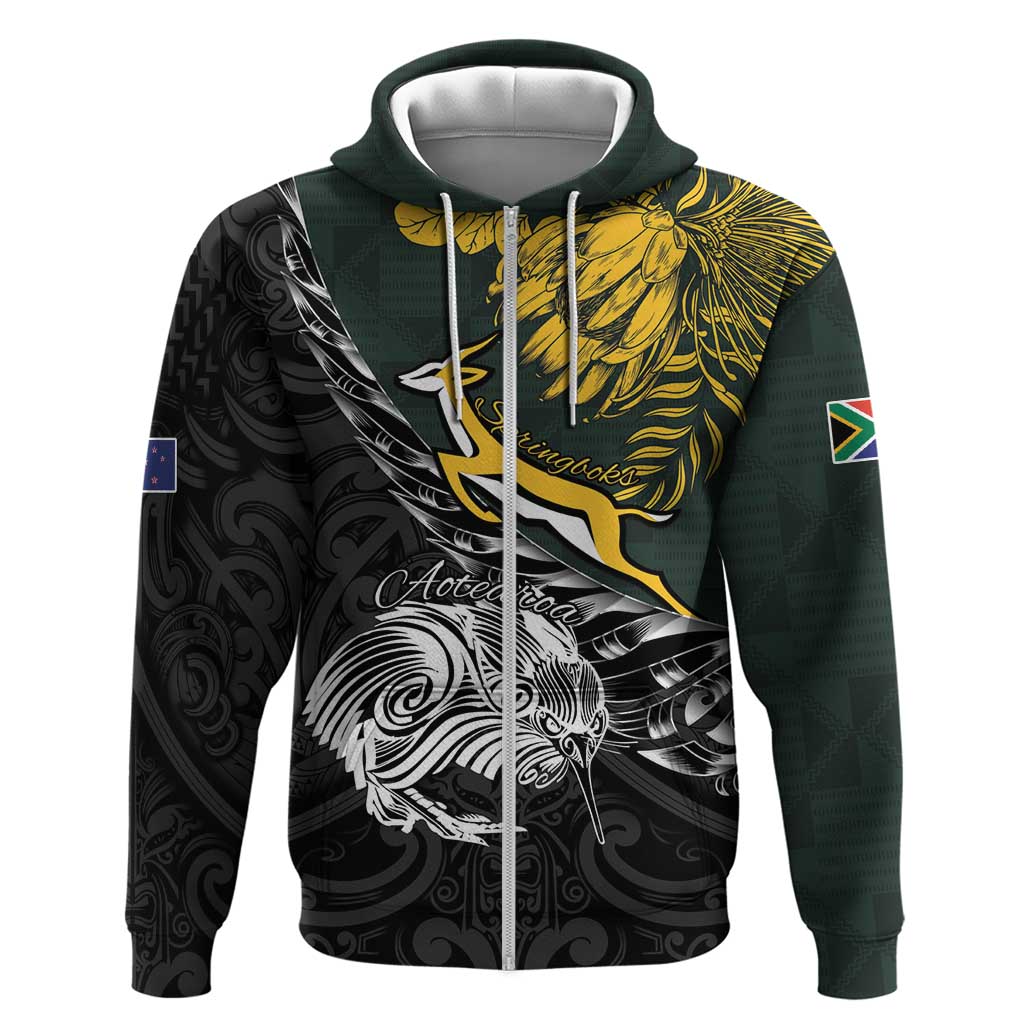 New Zealand and South Africa Rugby Personalised Zip Hoodie Maori Kiwi With Springboks