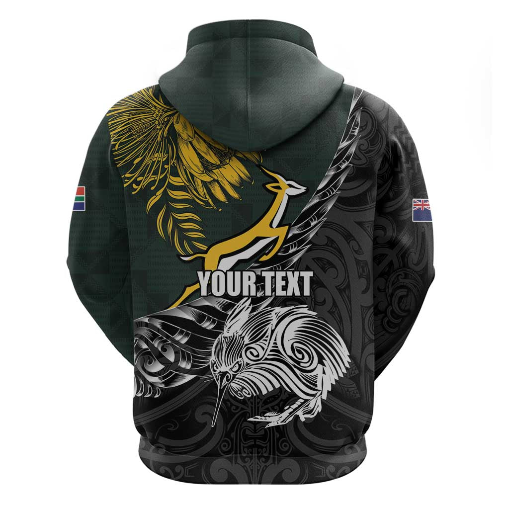 New Zealand and South Africa Rugby Personalised Zip Hoodie Maori Kiwi With Springboks