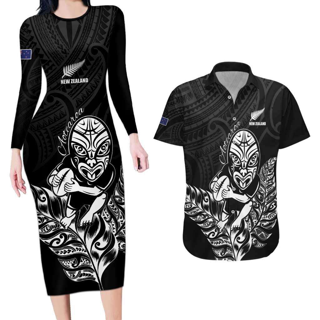 New Zealand Silver Fern Rugby Custom Couples Matching Long Sleeve Bodycon Dress and Hawaiian Shirt Maori Tiki Black Version