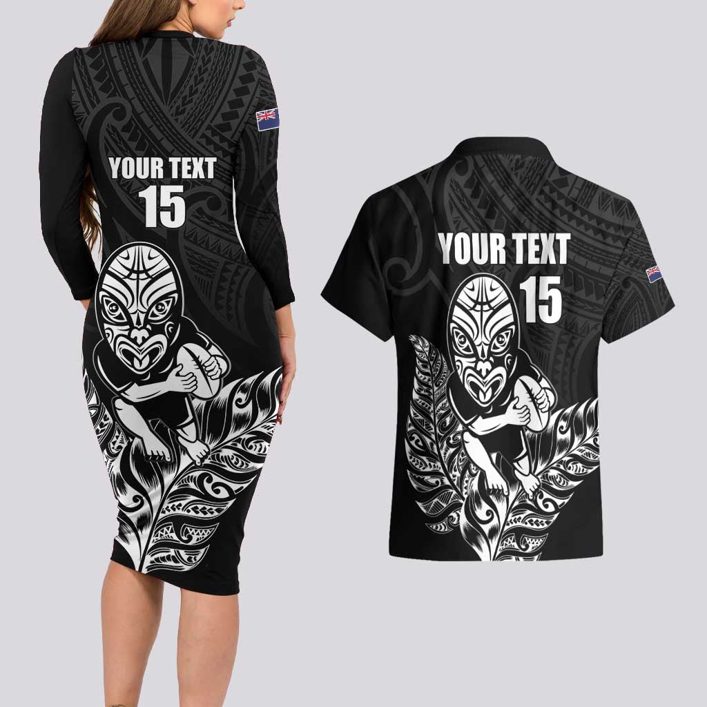 New Zealand Silver Fern Rugby Custom Couples Matching Long Sleeve Bodycon Dress and Hawaiian Shirt Maori Tiki Black Version LT15 - Polynesian Pride