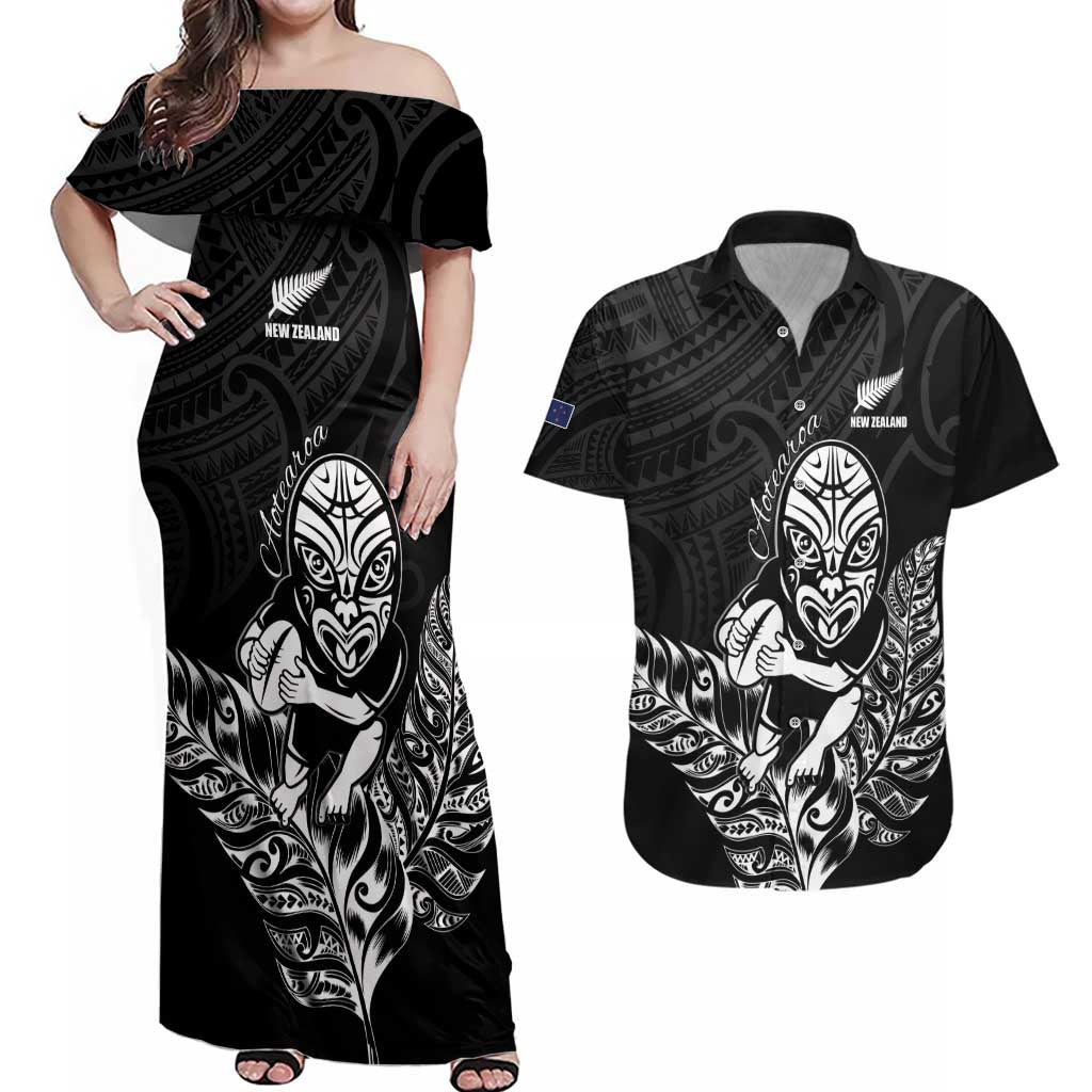 New Zealand Silver Fern Rugby Custom Couples Matching Off Shoulder Maxi Dress and Hawaiian Shirt Maori Tiki Black Version