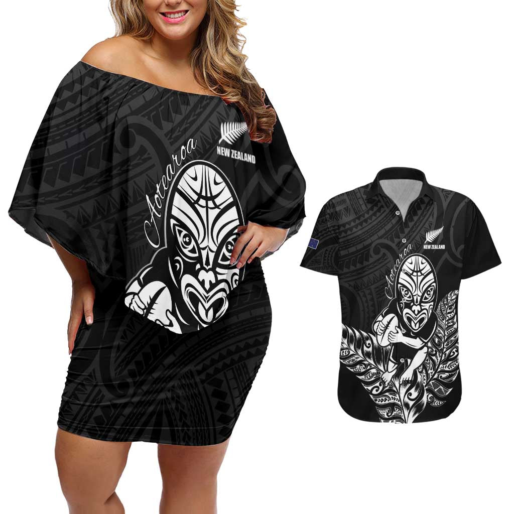 New Zealand Silver Fern Rugby Custom Couples Matching Off Shoulder Short Dress and Hawaiian Shirt Maori Tiki Black Version