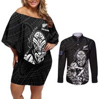 New Zealand Silver Fern Rugby Custom Couples Matching Off Shoulder Short Dress and Long Sleeve Button Shirt Maori Tiki Black Version