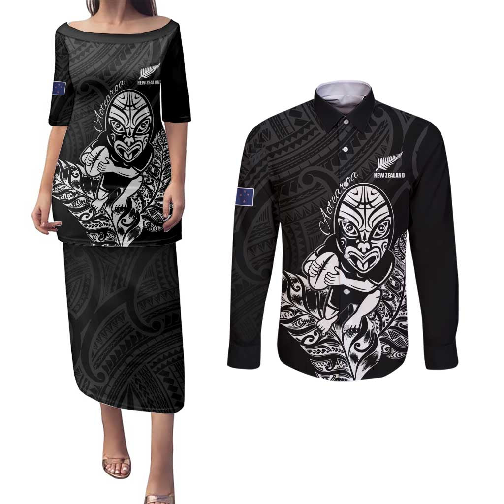 New Zealand Silver Fern Rugby Custom Couples Matching Puletasi and Long Sleeve Button Shirt Maori Tiki Black Version