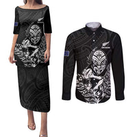 New Zealand Silver Fern Rugby Custom Couples Matching Puletasi and Long Sleeve Button Shirt Maori Tiki Black Version