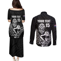 New Zealand Silver Fern Rugby Custom Couples Matching Puletasi and Long Sleeve Button Shirt Maori Tiki Black Version