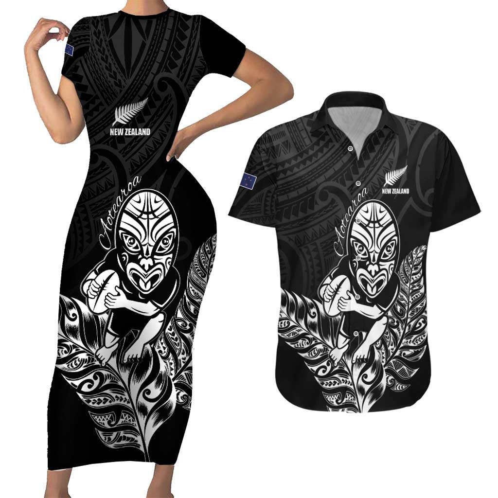 New Zealand Silver Fern Rugby Custom Couples Matching Short Sleeve Bodycon Dress and Hawaiian Shirt Maori Tiki Black Version LT15 Black - Polynesian Pride