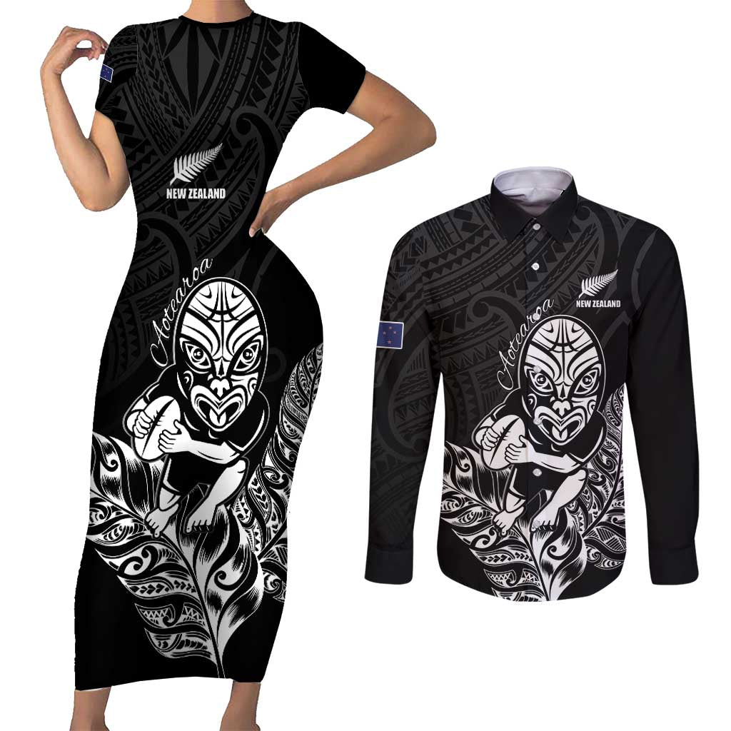 New Zealand Silver Fern Rugby Custom Couples Matching Short Sleeve Bodycon Dress and Long Sleeve Button Shirt Maori Tiki Black Version LT15 Black - Polynesian Pride