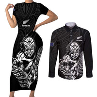 New Zealand Silver Fern Rugby Custom Couples Matching Short Sleeve Bodycon Dress and Long Sleeve Button Shirt Maori Tiki Black Version LT15 Black - Polynesian Pride