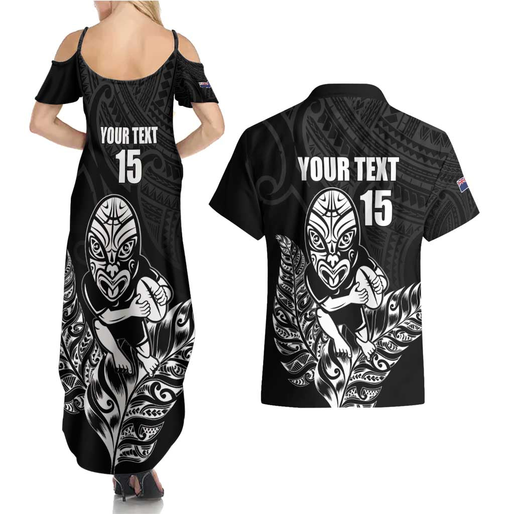 New Zealand Silver Fern Rugby Custom Couples Matching Summer Maxi Dress and Hawaiian Shirt Maori Tiki Black Version LT15 - Polynesian Pride
