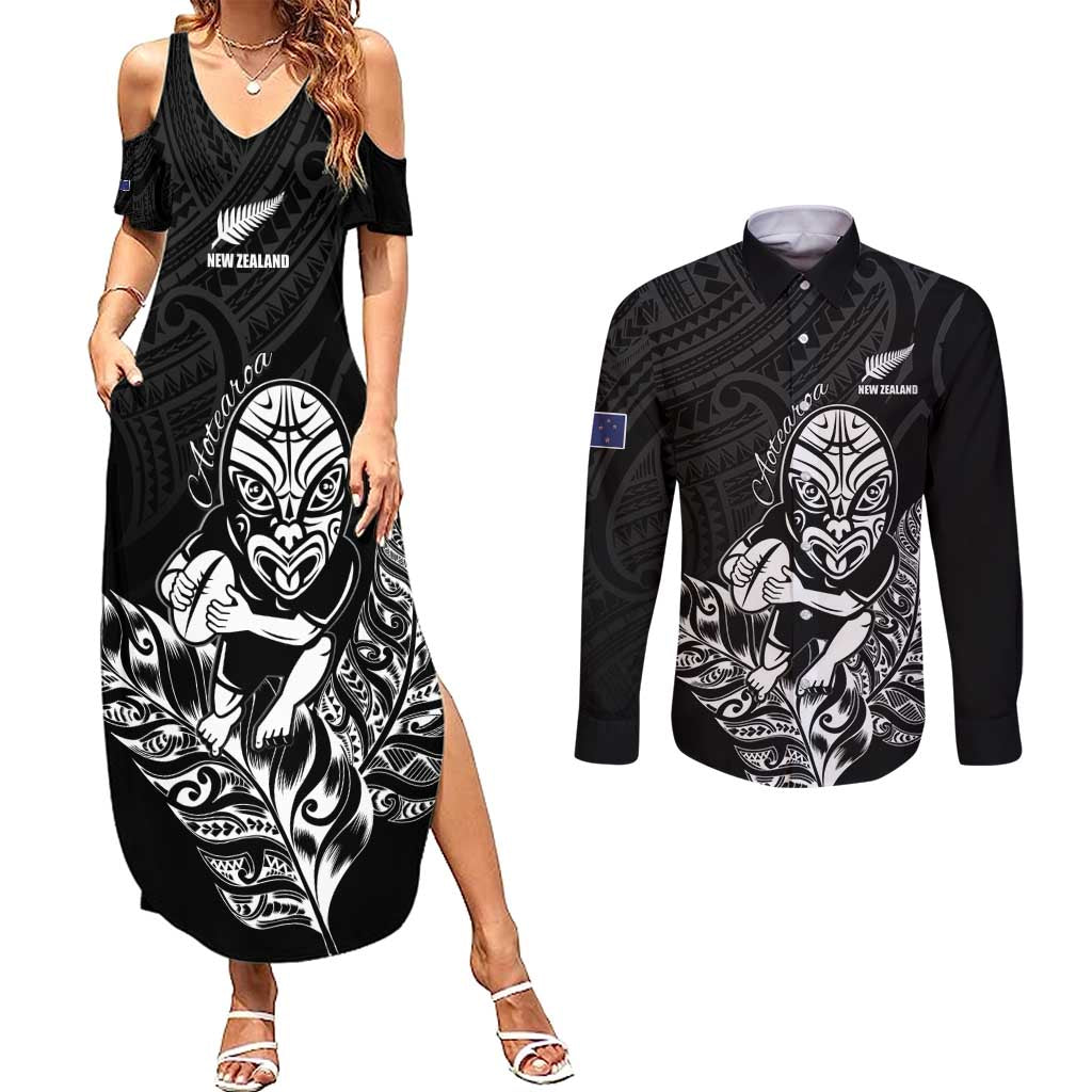 New Zealand Silver Fern Rugby Custom Couples Matching Summer Maxi Dress and Long Sleeve Button Shirt Maori Tiki Black Version LT15 Black - Polynesian Pride