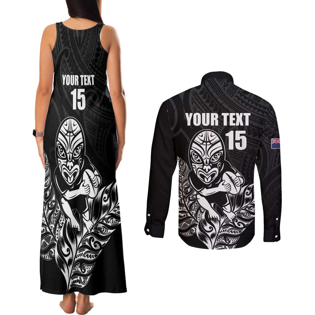 New Zealand Silver Fern Rugby Custom Couples Matching Tank Maxi Dress and Long Sleeve Button Shirt Maori Tiki Black Version