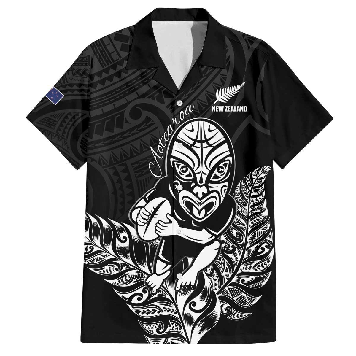 New Zealand Silver Fern Rugby Custom Family Matching Off The Shoulder Long Sleeve Dress and Hawaiian Shirt Maori Tiki Black Version