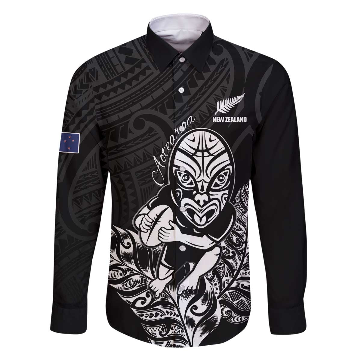 New Zealand Silver Fern Rugby Custom Family Matching Off The Shoulder Long Sleeve Dress and Hawaiian Shirt Maori Tiki Black Version