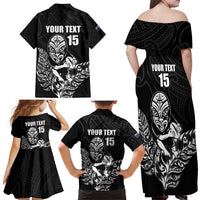New Zealand Silver Fern Rugby Custom Family Matching Off Shoulder Maxi Dress and Hawaiian Shirt Maori Tiki Black Version