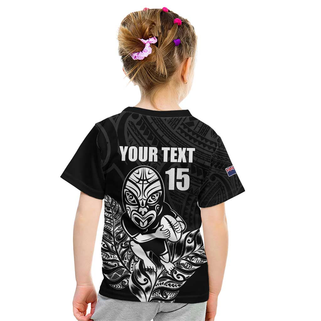 New Zealand Silver Fern Rugby Custom Kid T Shirt Maori Tiki Black Version