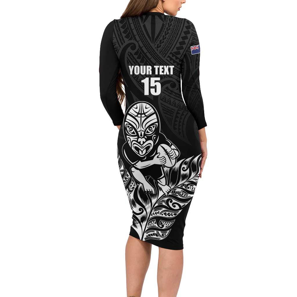 New Zealand Silver Fern Rugby Custom Long Sleeve Bodycon Dress Maori Tiki Black Version