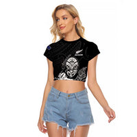 New Zealand Silver Fern Rugby Custom Raglan Cropped T Shirt Maori Tiki Black Version LT15 Female Black - Polynesian Pride