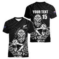 New Zealand Silver Fern Rugby Custom Women V-Neck T-Shirt Maori Tiki Black Version