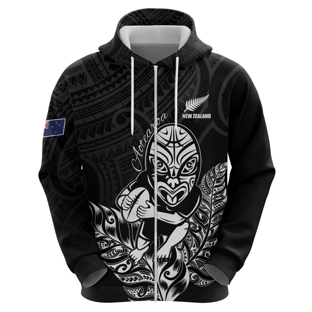 New Zealand Silver Fern Rugby Custom Zip Hoodie Maori Tiki Black Version