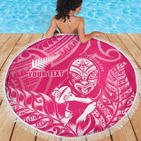 New Zealand Silver Fern Rugby Custom Beach Blanket Maori Tiki Pink Version