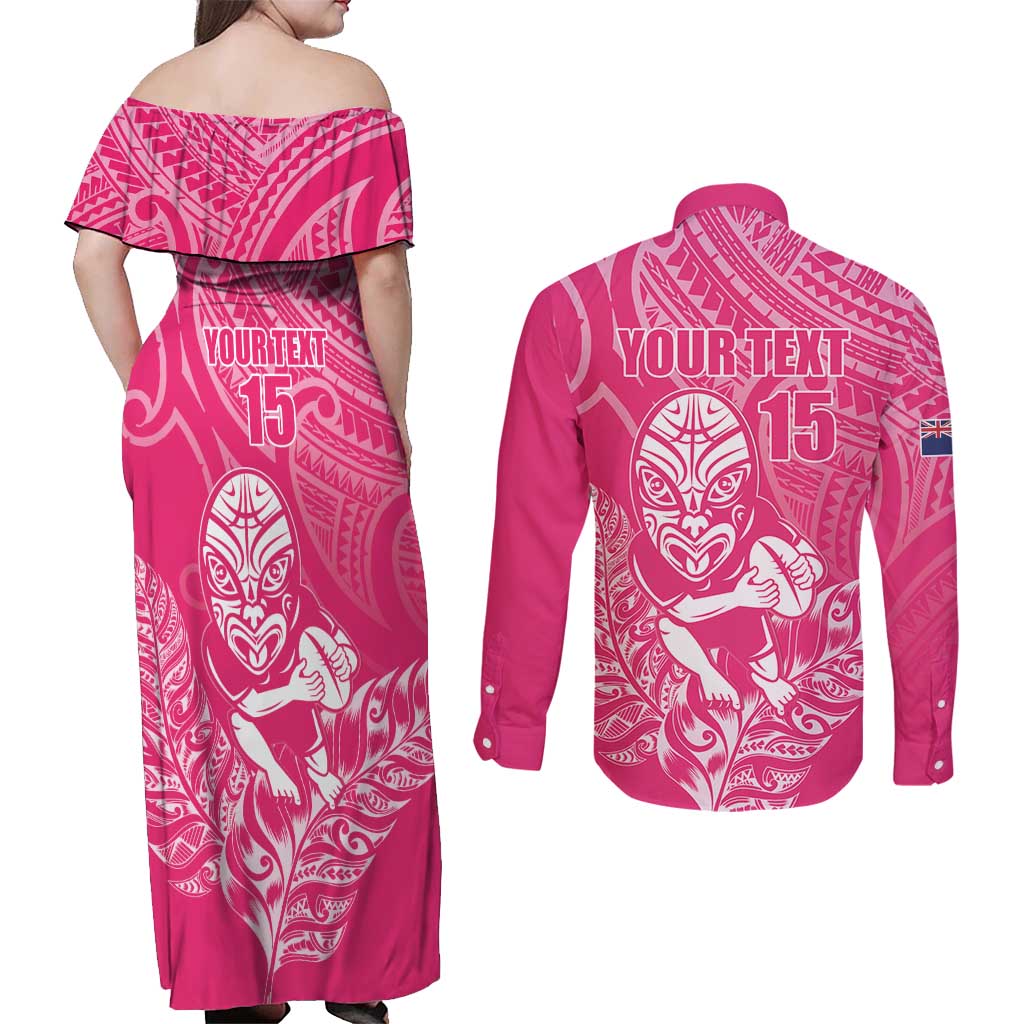 New Zealand Silver Fern Rugby Custom Couples Matching Off Shoulder Maxi Dress and Long Sleeve Button Shirt Maori Tiki Pink Version