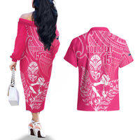 New Zealand Silver Fern Rugby Custom Couples Matching Off The Shoulder Long Sleeve Dress and Hawaiian Shirt Maori Tiki Pink Version